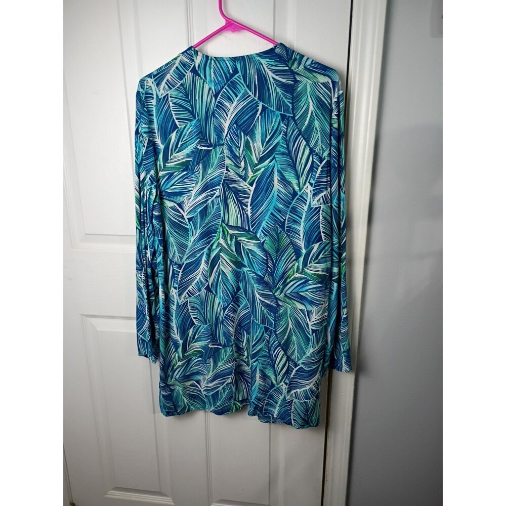 La Blanca Woman M* Tunic Swim Coverup Teal Leaf V Lace Front LS Stretch Beach - Picture 8 of 8
